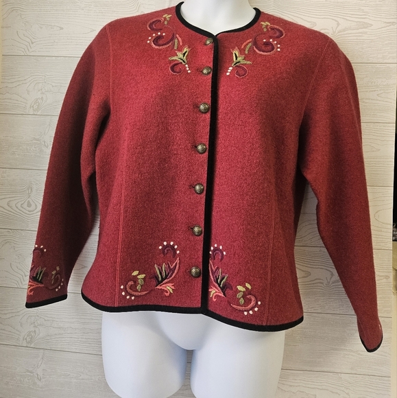 Icelandic Design-Embroidered Red Sz L Women's Cardigan Wool. - Picture 1 of 7